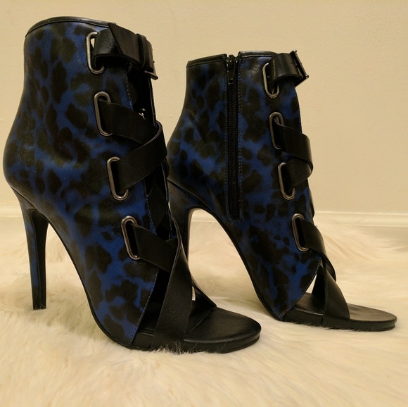 Blue Leopard Peep Toe Booties - Picture 2 of 4
